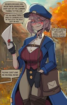 1girl absurdres autumn autumn_leaves bag basedbinkie black_boots black_gloves black_leotard blue_coat blue_hat blush boots breasts buttons coat commentary day english_commentary english_text envelope glasses gloves grey_hair grey_pantyhose hair_between_eyes hair_bun hat highres holding holding_envelope large_breasts leaf leotard leotard_under_clothes long_sleeves looking_at_viewer mailman mature_female mole mole_under_eye original outdoors pantyhose peaked_cap quinn_murphy_(basedbinkie) shirt short_hair shoulder_bag smirk solo speech_bubble thigh_boots tree wax_seal white_shirt wing_collar