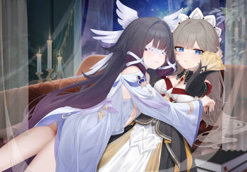 2girls absurdres alternate_hairstyle black_hair blue_eyes book book_stack breasts brown_hair candle candlestand cleavage closed_eyes closed_mouth columbina_(genshin_impact) commentary_request detached_sleeves dress feathered_wings genshin_impact gradient_hair hair_ribbon head_wings highres long_sleeves looking_at_viewer medium_breasts multicolored_hair multiple_girls multiple_wings night pink_hair pou_bao ribbon sandrone_(genshin_impact) strapless strapless_dress white_dress white_ribbon white_wings wings yuri