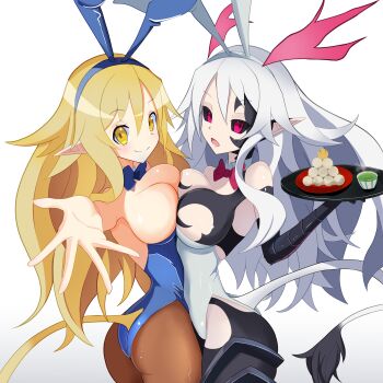 2girls absurdres animal_ears ass bare_shoulders black_sclera blonde_hair blue_bow bow bowtie breast_press breasts choker cleavage colored_sclera commentary corruption dark_persona demon demon_girl disgaea disgaea_rpg dual_persona genderswap genderswap_(mtf) highres holding holding_tray incest liezerota liezerota_(disgaea) long_hair looking_at_viewer looking_to_the_side makai_senki_disgaea_5 multiple_girls nippon_ichi octpus pantyhose plate playboy_bunny pointy_ears possessed possession rabbit_ears reaching reaching_towards_viewer red_bow red_bowtie red_eyes selfcest siblings sisters smile symmetrical_docking tail tray void_dark_(disgaea) white_hair yellow_eyes yuri