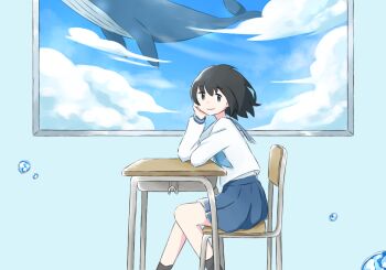 1girl azchipi black_hair blue_skirt bubble chair cloud commentary_request desk feet_out_of_frame from_side hand_up head_rest highres long_sleeves looking_at_viewer looking_to_the_side miniskirt on_chair original school_chair school_desk school_uniform serafuku shirt sitting skirt surreal whale white_shirt