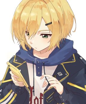 1boy black_jacket blonde_hair blue_hood blush cellphone closed_mouth clothes_writing drawstring green_eyes hair_ornament hair_over_one_eye hairclip highres holding holding_phone holding_string hood hood_down hoodie jacket lapels looking_at_phone male_focus mitei_(nyachas2) nijisanji no_headwear notched_lapels open_clothes open_jacket phone polka_dot print_hoodie short_hair simple_background smartphone solo standing string upper_body uzuki_kou uzuki_kou_(5th_costume) virtual_youtuber white_background white_hoodie wolf_cut yellow_trim