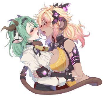 2girls absurdres animal_ears blonde_hair breasts breasts_squeezed_together commentary cow_ears cow_horns crelly dark-skinned_female dark_skin english_commentary fingerless_gloves french_kiss gloves green_hair highres horns indie_virtual_youtuber kiss koko_d._nuts large_breasts leotard mole mole_on_breast mole_under_mouth monkey_ears monkey_girl monkey_tail multiple_girls pink_hair saliva second-party_source shirt sideboob srinitybeast tail twintails underboob virtual_youtuber white_background white_shirt yellow_leotard yuri