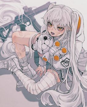 1boy bandaged_leg bandages bandaid commentary_request grey_skirt gun highres hood hoodie long_hair lower_teeth_only open_mouth original pleated_skirt print_hoodie shoes skirt sneakers stuffed_toy teeth tongue totora_(yuduhi) trap twintails two-sided_hoodie very_long_hair weapon white_hair white_hoodie white_shoes yellow_eyes yuduhi