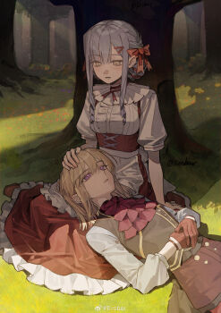 2girls absurdres apron ascot aver_(yumenokessho) bang_dream! bang_dream!_it's_mygo!!!!! black_vest blonde_hair blue_hair blush bow doloris_(bang_dream!) erober gloves grass hair_bow hand_on_another's_head highres lap_pillow misumi_uika multiple_girls on_ground outdoors parted_lips pink_bow purple_ascot purple_eyes red_gloves red_skirt shade shirt skirt smile sweets_paradise togawa_sakiko tree vest watermark weibo_watermark white_apron white_shirt yellow_eyes yumenokessho yuri