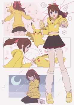 1girl 343rone absurdres black_leggings black_skirt blue_eyes bow brown_hair closed_eyes closed_mouth commentary_request crescent_moon gen_1_pokemon gloves hair_bow hair_ornament heal_ball high_five highres holding holding_poke_ball hood hoodie indie_virtual_youtuber jacket leggings long_sleeves moon musical_note open_mouth pikachu piyolily poke_ball pokemon pokemon_(creature) ponytail seiza shoes sitting skirt sleeping smile socks star_(symbol) virtual_youtuber yellow_hoodie yellow_jacket