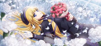 1girl artist_request back_bow beret black_bow black_capelet black_dress black_hat blonde_hair blue_eyes blunt_bangs blurry blurry_foreground bouquet bow breasts capelet code_geass code_geass:_lost_stories cross-laced_clothes cross-laced_dress day dress dutch_angle female_focus field flower flower_field from_side game_cg hair_spread_out hand_up hat highres holding holding_bouquet holding_petal light_rays long_hair long_sleeves looking_at_viewer lying medium_breasts monica_kruszewski neck_ribbon non-web_source official_art on_back on_ground outdoors parted_lips petals purple_ribbon red_bow red_flower red_rose ribbon rose see-through_clothes see-through_sleeves side_slit sidelocks solo sunlight teeth white_flower white_rose