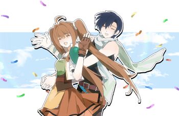 1boy 1girl ahoge antenna_hair armor asprosgy black_hair blue_sky brown_hair closed_eyes cloud commentary_request confetti cropped_jacket curtained_hair double-parted_bangs eiyuu_densetsu estelle_bright floating_hair floating_scarf hair_between_eyes hair_intakes highres holding_hands joshua_bright long_hair mullet open_mouth parted_bangs pauldrons scarf short_hair short_sleeves shoulder_armor simple_background single_pauldron skirt sky sleeveless smile sora_no_kiseki twintails two-tone_background upper_body very_long_hair white_background white_scarf