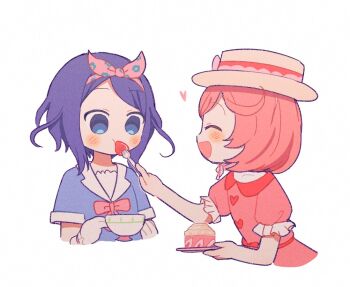 2girls :d ayase_naru blue_eyes blue_hair closed_eyes commentary_request cup cupcake dress feeding food fork fruit hairband hat holding holding_cup holding_fork holding_plate korean_commentary multiple_girls open_mouth pink_dress pink_hair pink_hairband plate pretty_rhythm pretty_rhythm_rainbow_live pretty_series profile rinne_(pretty_rhythm) short_hair short_sleeves simple_background smile strawberry sururufu teacup