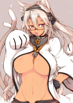 10s 1girl animal_ears bell between_breasts blazblue breasts brown_hair candy cat_ears cat_tail chupa_chups commentary cosplay covered_erect_nipples dark-skinned_female dark_skin female_focus food glasses gloves hand_on_own_hip headgear jingle_bell kantai_collection kokonoe_(blazblue) kokonoe_(cosplay) large_breasts lollipop long_hair mouth_hold multiple_tails musashi_(kancolle) open_fly paw_pose pointy_hair red_eyes ro-ga_(kurumaya) short_hair solo tail underboob unzipped