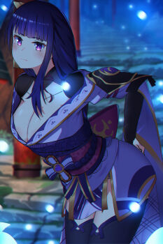 1girl absurdres armor bent_over blurry blurry_background blush breasts cleavage closed_mouth commentary_request dunggeul_dunggeul from_side genshin_impact hair_ornament highres japanese_clothes kimono large_breasts leaning_forward light_particles long_hair looking_at_viewer mole mole_under_eye obi obiage obijime outdoors purple_eyes purple_hair raiden_shogun ribbon sash shoulder_armor solo stairs standing stone_stairs thighhighs
