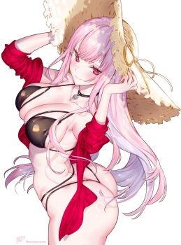 1girl alternate_costume ass bikini black_bikini black_choker blush breasts butt_crack choker cleavage collarbone covered_erect_nipples grin hat highres holding hololive hololive_english holomyth kamiya_maneki large_breasts long_hair looking_at_viewer looking_back mori_calliope navel outline pink_eyes pink_hair red_eyes simple_background skindentation smile solo strap_gap strawhat sun_hat sunglasses swimsuit virtual_youtuber wet white_background