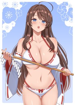 1girl :o absurdres ahoge bikini blue_background blue_eyes blush breasts brown_hair cleavage collarbone commentary_request commission cowboy_shot detached_sleeves gohei highleg highleg_bikini highres holding holding_gohei japanese_clothes large_breasts long_hair looking_at_viewer miko open_mouth original pixiv_commission sidelocks solo standing surippa1010 swimsuit very_long_hair white_bikini wide_sleeves