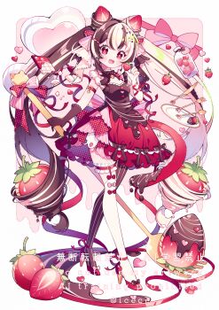 1girl :d arm_ribbon asymmetrical_legwear blush bow brown_hair brown_shirt brown_thighhighs commentary food food-themed_hair_ornament frilled_thigh_strap fruit full_body hair_ornament highres holding holding_food holding_fruit holding_spoon hyou_(pixiv3677917) long_hair looking_at_viewer mismatched_legwear multicolored_hair open_mouth original oversized_object pink_hair red_bow red_eyes red_ribbon red_skirt ribbon shirt skirt sleeveless sleeveless_shirt smile solo spoon standing strawberry strawberry_hair_ornament striped_clothes striped_thighhighs symbol-only_commentary tail thigh_strap thighhighs twintails two-tone_hair white_thighhighs