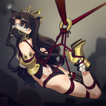 1girl armlet ass bare_shoulders bdsm between_buttocks bikini black_hair black_thighhighs blindfold blush bondage bound breasts cad_(caddo) detached_sleeves earrings fate/grand_order fate_(series) gag gold_trim hair_ribbon high_heels highres hogtie hoop_earrings ishtar_(fate) jewelry long_hair medium_breasts mismatched_bikini neck_ring parted_bangs red_eyes restrained ribbon rope single_detached_sleeve single_thighhigh suspension swimsuit thighhighs thighlet tiara two_side_up