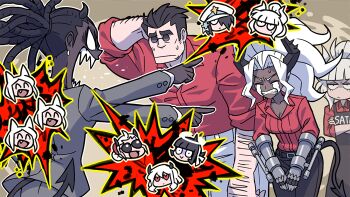 1boy 3girls afterimage angry animal_ears apologizing apron archangel_(helltaker) arm_behind_head arm_hair azazel_(helltaker) black_apron black_hair black_horns black_pants black_tail blunt_bangs bowing breasts cerberus_(helltaker) chibi chibi_inset clawed_gauntlets closed_eyes colored_skin commentary cornrows crossed_arms crying dark-skinned_female dark_skin demon_girl demon_horns demon_tail earrings fang formal_clothes grey_skin halo hat heart heart-shaped_eyes helltaker helltaker_(character) horns jewelry judgement_(helltaker) justice_(helltaker) kyo-hei_(kyouhei) lucifer_(helltaker) medium_breasts metal_gloves military_hat modeus_(helltaker) mole mole_under_eye multiple_girls open_mouth outdoors pants pointy_ears police_(helltaker) ponytail red_shirt red_skirt sharp_teeth shirt short_hair skirt sleeves_rolled_up spiked_horns streaming_tears suit sunglasses sweat symbol-only_commentary tail tears teeth very_dark_skin white_hair white_hat white_horns white_pants