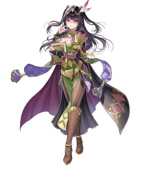 1girl argyle_clothes black_cape black_eyes black_hair bodystocking book boots breasts bridal_gauntlets brown_boots cape circlet cleavage cosplay feather_hair_ornament feathers female_focus fire_emblem fire_emblem_awakening fire_emblem_heroes full_body hair_ornament highres hime_cut holding holding_book large_breasts long_hair looking_at_viewer matching_hair/eyes nintendo noire_(fire_emblem) noire_(fire_emblem)_(cosplay) non-web_source official_art solo tachi-e tharja_(fire_emblem) tharja_(gloomy_mage)_(fire_emblem) two_side_up