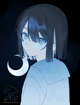 1girl ameyui_komori arms_at_sides black_background black_hair blue_eyes blue_hair blue_sailor_collar blue_shirt blunt_ends bob_cut center-flap_bangs closed_mouth colored_inner_hair colored_skin commentary_request crescent double-parted_bangs expressionless from_behind hair_between_eyes highres light_frown looking_at_viewer looking_back multicolored_hair original sailor_collar school_uniform shirt short_hair sidelocks simple_background solo sparkle twitter_username two-tone_hair white_skin