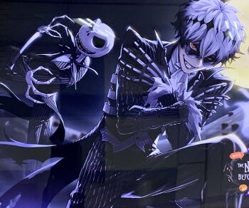 2boys aogiyuki black_crown crown diamond_hairband formal_clothes gloves highres jack_skellington jacket long_sleeves looking_at_viewer male_focus multiple_boys pinstripe_pattern pinstripe_suit pinstripe_vest round_eyewear short_hair skully_j._graves smile striped_clothes suit sunglasses the_nightmare_before_christmas twisted_wonderland vest white_hair