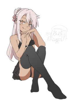 2girls :q bare_arms bare_shoulders beret black_bra black_panties black_skirt black_thighhighs bra brown_eyes cellphone chibi chibi_inset chloe_von_einzbern closed_mouth crossed_legs dark-skinned_female dark_skin fate/kaleid_liner_prisma_illya fate_(series) grey_hair hair_ribbon hat holding holding_phone illyasviel_von_einzbern knees_up long_hair multiple_girls no_shirt no_shoes nyaru_(nyaru_4126) o-ring o-ring_top panties phone pink_ribbon pleated_skirt ponytail recording ribbon simple_background sitting skirt smile thighhighs tongue tongue_out underwear very_long_hair white_background