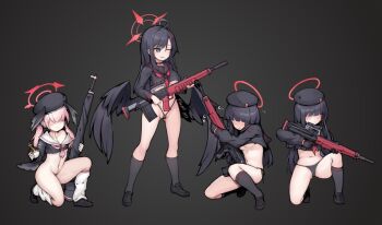4girls beret black_choker black_gloves black_hair black_hat black_panties black_sailor_collar black_serafuku black_socks black_wings blue_archive blush bolt_action bottomless breasts choker closed_mouth commentary_request covered_eyes crop_top em-2 explosive extreme_crop_top faceless faceless_female feathered_wings full_body gloves grenade gun hair_ornament hair_over_eyes hairclip halo hat head_wings highleg highleg_panties holding holding_gun holding_weapon holy_hand_grenade ichika_(blue_archive) justice_task_force_member_(blue_archive) kneehighs koharu_(blue_archive) long_hair long_sleeves loose_socks low_wings medium_breasts micro_panties multiple_girls navel neckerchief no_pants one_eye_closed p14_enfield panties pink_hair red_halo red_neckerchief revealing_clothes rifle sailor_collar school_uniform serafuku side-tie_panties simple_background small_breasts smile socks stmast stomach string_panties twintails underwear weapon wings