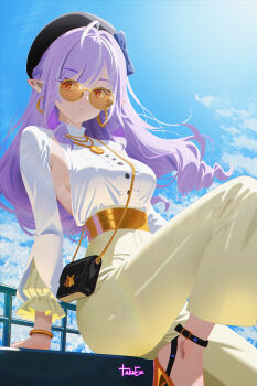 1girl absurdres ahoge alternate_costume artist_name bag beret black_bag black_hat blue_bow blue_sky bow bracelet breasts center_frills closed_mouth cloud cloudy_sky commentary day diamond-shaped_pupils diamond_(shape) drill_hair drill_sidelocks earrings english_commentary frilled_sleeves frills gold_necklace hair_bow hat highres hoop_earrings jewelry leg_up long_hair medium_breasts mole mole_under_eye necklace outdoors pants pendant pointy_ears purple_hair red_eyes round_eyewear shirt shrug_(clothing) sideboob sidelocks sitting sky solo srtaka sunglasses symbol-shaped_pupils tinted_eyewear vivian_banshee white_pants white_shirt white_shrug yellow-framed_eyewear yellow-tinted_eyewear zenless_zone_zero