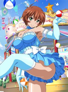 1girl argentinian_flag armpits artist_request ass ball brazilian_flag breasts canadian_flag chinkyuu_koudai cleavage dress female_focus ikkitousen juggling legs outdoors short_hair solo tagme thighhighs upskirt