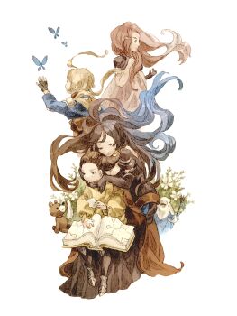 2boys 2girls babus_swain black_dress black_gloves blue_butterfly book brown_hair bug butterfly crying dress elbow_gloves final_fantasy final_fantasy_tactics_advance fingerless_gloves gloves hair_ornament hairclip highres insect long_hair luce-in-the-sky marche_radiuju mewt_randell mother_and_son multiple_boys multiple_girls open_book ritz_malheur sitting sitting_on_lap sitting_on_person stuffed_animal stuffed_toy teddy_bear white_background