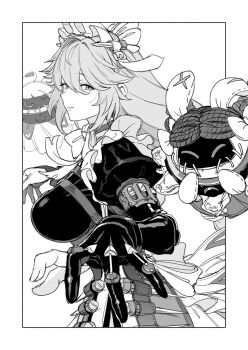 Rule 34 | 1girl, 2others, alexandrina sebastiane, anastella (zenless zone zero), bangboo (zenless zone zero), birdhatter, black dress, breasts, chest bow, dress, drusilla (zenless zone zero), from side, gloves, greyscale, hair between eyes, knife, knife sheath, large breasts, long hair, looking at viewer, maid, maid headdress, monochrome, multiple others, partially fingerless gloves, ribbon, sheath, smile, white background, white ribbon, zenless zone zero