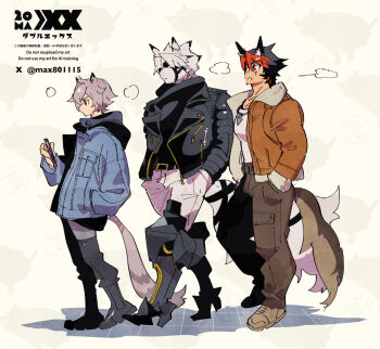 3boys alternate_costume animal_ear_fluff animal_ears black_hair black_jacket blue_jacket body_fur brown_pants brown_shoes cat_boy cat_ears cat_tail commentary_request dog_boy dog_ears dog_tail from_side fur-trimmed_jacket fur_trim furry furry_male grey_hair hair_between_eyes hand_in_pocket hands_in_pockets holding holding_phone jacket komano_manato male_focus max801115 multicolored_hair multiple_boys multiple_girls multiple_scars muscular muscular_male muzzle_(mask) orange_jacket pants parted_lips phone prosthesis prosthetic_leg purple_eyes red_eyes red_hair scar scar_across_eye scar_on_chest scar_on_face seth_lowell shirt shoes short_hair tail tail_belt von_lycaon white_background white_fur white_hair white_pants white_shirt wolf_boy wolf_ears wolf_tail zenless_zone_zero