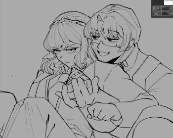 Rule 34 | 1boy, 1girl, absurdres, alternate costume, angry, annoyed, apron, art program in frame, beard stubble, bite mar, closed mouth, collared shirt, expressionless, eye contact, facial hair, food, formal clothes, frown, glaring, glasses, gloves, gregor (project moon), grey background, greyscale, hair between eyes, hair intakes, hairband, half-closed eyes, hand up, highres, holding, holding pie, hug, hug from behind, ishmael (project moon), jitome, knees up, limbus company, lineart, long hair, long sleeves, looking at another, looking back, looking to the side, monochrome, necktie, official alternate costume, okazu1324343, open mouth, pants, parted bangs, pie, pie slice, ponytail, procreate (software), project moon, raised eyebrow, semi-rimless eyewear, serious, shirt, sidelocks, simple background, sitting, sitting on lap, sitting on person, smile, smirk, stubble, tongue, tsurime, turtleneck, turtleneck shirt, under-rim eyewear, upper body, v-shaped eyebrows, vest, wavy hair