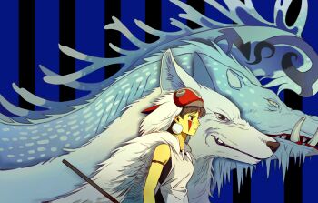 1girl absurdres brown_eyes brown_hair cape chaojufei commentary earrings facepaint facial_mark from_side fur_cape highres jewelry mask mask_on_head mononoke_hime necklace san_(mononoke_hime) short_hair tooth_necklace white_wolf wolf