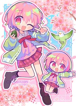 1boy :d ;d bird blue_background blush boots border borrowed_character bow bowtie brown_boots cardigan cherry_blossoms chibi chibi_inset commentary_request commission crossdressing crossdressing_(mtf) drop_shadow fang food full_body green_cardigan highres holding holding_food lace-up_boots looking_at_viewer male_focus miniskirt mochi one_eye_closed open_cardigan open_clothes open_mouth original outline outside_border pink_background pink_eyes pink_hair pink_outline pink_shirt plaid_clothes plaid_skirt pleated_skirt purple_outline red_bow red_bowtie red_skirt richard_(richaball) sailor_collar sakura_mochi shirt short_hair skeb_commission skirt smile trap twitter_username two-tone_background v wagashi white_border white_sailor_collar