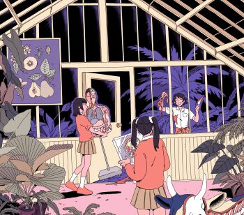 3girls anatomical_model bandaid bandaid_on_arm black_hair blood blood_on_clothes blood_on_ground bloody_knife bone brown_skirt cardigan cardigan_around_waist choo closed_eyes clothes_around_waist collared_shirt commentary cow cropped english_commentary food from_behind fruit glass_ceiling greenhouse hair_tie highres holding holding_knife holding_organ horns indoors intestines knife long_hair long_sleeves medium_hair multiple_girls night open_door open_mouth original paid_reward_available pear plant pleated_skirt potted_plant profile purple_background red_cardigan red_sweater school_uniform shirt short_hair short_sleeves skeleton skirt sleeves_rolled_up smile socks standing sweater sweater_around_waist through_window twintails white_shirt window