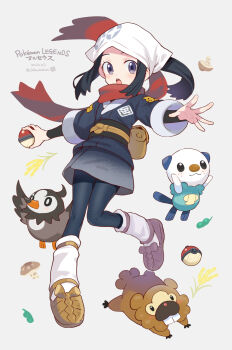 1girl :o akari_(pokemon) bidoof black_pantyhose blush chiba_sadoru full_body galaxy_expedition_team_survey_corps_uniform gen_4_pokemon gen_5_pokemon headscarf highres hisuian_poke_ball japanese_clothes kimono nintendo obi oshawott outstretched_arms pantyhose poke_ball pokemon pokemon_(creature) pokemon_legends:_arceus ponytail red_scarf sash scarf short_kimono solo_focus starly white_headscarf white_headwear