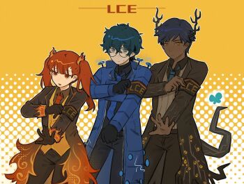 1girl 2boys aaaduorenzu aedd_(e.g.o) alyssa_(project_moon) ardor_blossom_star_(e.g.o) belt black_belt black_coat black_gloves black_pants blue_coat brown_coat chinese_commentary coat commentary_request cowboy_shot e.g.o_(project_moon) electricity glasses gloves halftone halftone_background highres hohenheim_(project_moon) horns lantern_(e.g.o) limbus_company long_sleeves marton_(project_moon) multiple_boys necktie open_mouth pants project_moon red_eyes red_hair red_necktie twintails yellow_background yellow_eyes