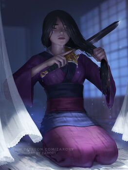 1girl asian black_hair chinese_clothes commentary curtains cutting_hair cutting_own_hair dress english_commentary fa_mulan_(disney) full_body hanfu long_hair makeup mulan_(movie) pink_hanfu realistic scene_reference solo sword weapon wet zarory