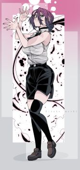 1girl black_ribbon black_shorts black_thighhighs breasts brown_shoes chainsaw_man choker dancing feathers gradient_background green_eyes grey_background hair_bun iris_out_(song) kinakomochi_(user_vedc2333) large_breasts looking_at_viewer neck_ribbon purple_hair reze_(chainsaw_man) ribbon shirt shoes short_hair shorts sleeveless sleeveless_shirt standing thighhighs two-tone_background white_shirt