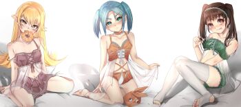 3girls absurdres aqua_hair arms_at_sides babydoll bare_legs bare_shoulders barefoot bed between_legs blonde_hair blush breasts brown_hair closed_mouth collarbone donut dot_nose eating embarrassed expressionless eyebrows_hidden_by_hair eyelashes female_focus fingernails flat_chest food food_in_mouth foot_out_of_frame full_body green_babydoll green_eyes green_shorts hachikuji_mayoi hair_between_eyes hand_between_legs hand_up hat head_tilt highres kneeling knees_together_feet_apart lingerie loli long_hair looking_at_viewer matching_hair/eyes medium_hair meemz_a monogatari_(series) multiple_girls naughty_face navel off_shoulder on_bed ononoki_yotsugi orange_babydoll orange_hat orange_shorts oshino_shinobu pink_babydoll pink_skirt pointy_ears red_eyes shorts simple_background sitting skirt small_breasts stirrup_legwear strap_slip thick_eyebrows thighhighs toeless_legwear tongue tongue_out twintails two-tone_babydoll two-tone_shorts underwear unworn_hat unworn_headwear vampire wariza white_babydoll white_background white_shorts white_thighhighs yellow_eyes