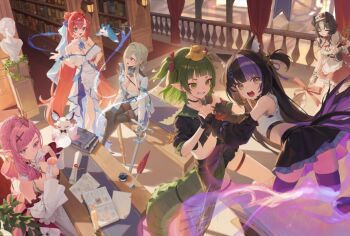 6+girls animal animal_ears animal_on_head anya_nyabyss apron artist_request bibi_biscuit bird black_boots black_hair black_skirt black_sleeves blue_eyes book bookshelf boots braid breasts bust_(sculpture) candle cat_ears cat_girl cat_tail chest_strap cleavage closed_eyes closed_mouth crocodile_girl crocodilian_tail cup detached_sleeves dog_ears dog_girl dress duck earrings gloves green_eyes green_hair grey_hair hair_bun hair_ornament hair_ribbon hairpin holding holding_cup holding_saucer holding_spoon holding_sword holding_weapon interlocked_fingers jewelry long_hair maid malice_evermore midriff multiple_girls navel nitya_nil official_art on_head open_book open_mouth oversized_spoon pantyhose phase_connect phase_saga pink_hair pointy_ears purple_eyes purple_hair quill red_dress red_hair red_ribbon ribbon saucer sharp_teeth short_hair sinon_sinfonia skirt spoon sword tail tearing_up teeth thigh_boots virtual_youtuber weapon white_apron white_dress white_gloves white_sleeves wilhelmina_frost yellow_eyes