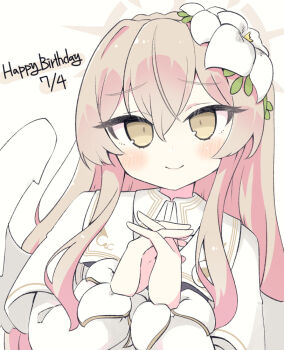 1girl blue_archive blush braid brown_eyes brown_hair capelet closed_mouth crown_braid dated dress feathered_wings flower hair_between_eyes hair_flower hair_ornament halo happy_birthday interlocked_fingers long_hair long_sleeves miranofuudoria nagisa_(blue_archive) own_hands_together puffy_long_sleeves puffy_sleeves sleeves_past_wrists smile solo upper_body very_long_hair white_capelet white_dress white_flower white_wings wings