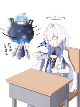 &gt;_&lt; 2girls absurdres chinese_commentary closed_eyes colored_eyelashes commentary_request cup desk grey_hair hair_over_one_eye halo highres holding holding_cup holding_thermos jacket mornye_(wuthering_waves) multiple_girls open_mouth pouring qianbihezhong school_desk simple_background sitting thermos white_background white_jacket wuthering_waves youhu_(wuthering_waves)
