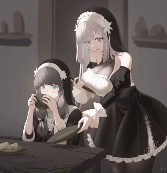 2girls absurdres aqua_eyes black_dress black_hair black_sleeves blue_eyes breasts brown_ribbon cleavage detached_sleeves dress grey_hair haanja_(sinisistar) hair_ornament highres juliet_sleeves large_breasts lelia_(sinisistar) long_hair long_sleeves looking_at_viewer low-tied_long_hair mole mole_on_breast multiple_girls nun pantyhose puffy_sleeves pwd ribbon short_dress sinisistar sinisistar_2