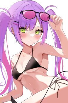 1girl bikini black_bikini breasts demon_tail ear_piercing earrings eyewear_on_head green_eyes hair_ornament hairclip highres hololive jewelry long_hair looking_at_viewer lying medium_breasts multicolored_hair navel on_side parallel_hairclips parted_lips piercing pink-tinted_eyewear pink_streaks purple_hair shinonome_shino_(artist) side-tie_bikini_bottom simple_background solo streaked_hair sunglasses swimsuit tail tail_ornament tail_piercing tinted_eyewear tokoyami_towa twintails virtual_youtuber white_background