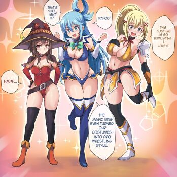 3girls adapted_costume aqua_(konosuba) blonde_hair blue_eyes boots brown_hair capelet darkness_(konosuba) full_body green_eyes hair_ornament hat highres kineluchs kono_subarashii_sekai_ni_shukufuku_wo! leotard megumin multiple_girls red_eyes revealing_clothes simple_background standing surprised thigh_boots thighhighs witch_hat wrestling_outfit x_hair_ornament