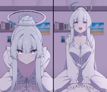 >:) 1girl 1other absurdres alternate_costume alternate_hairstyle blue_archive blunt_bangs breasts cleavage closed_mouth commentary_request girl_on_top good_morning_my_brother_(meme) halo highres indoors large_breasts leaning_forward long_hair long_sleeves looking_at_viewer mechanical_halo meme multiple_views noa_(blue_archive) noa_(pajamas)_(blue_archive) open_mouth pajamas parody ponytail pov purple_eyes reia_76 scene_reference smile straddling tokidoki_bosotto_roshia-go_de_dereru_tonari_no_alya-san v-shaped_eyebrows white_hair white_pajamas