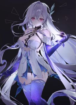 1girl 8x9_1t absurdres black_background black_hole black_shorts breasts dress genshin_impact gradient_thighhighs grey_hair hair_ornament highres long_hair medium_breasts object_floating_above_hand purple_eyes purple_hands purple_thighhighs short_shorts shorts skirk_(genshin_impact) solo thighhighs very_long_hair white_dress