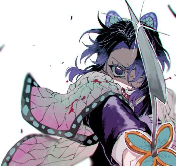 1girl animal_print black_hair black_jacket blood blood_from_mouth butterfly_hair_ornament butterfly_print butterfly_print_haori clenched_teeth colored_tips demon_slayer_uniform fighting_stance furrowed_brow hair_between_eyes hair_ornament haori holding holding_sword holding_weapon jacket japanese_clothes kendama_01 kimetsu_no_yaiba kochou_shinobu looking_at_viewer multicolored_hair parted_bangs print_haori purple_eyes purple_hair sidelocks solo sword teeth two-tone_hair updo upper_body weapon white_background