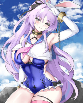 1girl absurdres animal_ears arm_up armpits black_bow black_ribbon blue_one-piece_swimsuit blue_sailor_collar blush bow bow_swimsuit breasts chain cleavage closed_mouth cloud collarbone commentary covered_navel crop_top cuffs day elbow_gloves english_commentary frilled_one-piece_swimsuit frills gloves gold_collar grey_eyes hair_between_eyes hair_intakes hair_ribbon head_tilt highres large_breasts looking_at_viewer neckerchief one-piece_swimsuit outdoors pink_neckerchief purple_hair rabbit_ears ribbon rock sailor_collar sailor_one-piece_swimsuit shackles shia_(stella_sora) sideboob sitting smile solo star_(symbol) stella_sora swimsuit swimsuit_under_clothes thigh_strap thighs tian_kazuki white_gloves white_trim