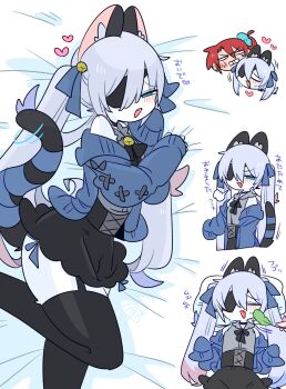 1boy 2boys anger_vein angry animal_ear_fluff animal_ears bare_shoulders bell black_corset black_ribbon black_skirt black_tail black_thighhighs blue_bow blue_eyes blue_hair blue_panties blue_ribbon blue_scrunchie bow bulge cardigan cat_boy cat_ears cat_tail cat_teaser closed_eyes collared_shirt colored_tips commentary corset cowboy_shot crossdressing crossdressing_(mtf) disembodied_hand double-parted_bangs eyepatch feet_out_of_frame flipped_hair frilled_shirt_collar frills from_above full_body furrification furry furry_male furry_with_non-furry garter_straps grey_shirt hair_bell hair_between_eyes hair_bow hair_ornament hand_up hands_up head_only heart highres interspecies jingle_bell long_hair long_sleeves looking_at_viewer lying male_focus miniskirt multicolored_hair multiple_boys multiple_views narrowed_eyes neck_bell neck_ribbon no_nose nuzzle off_shoulder on_side one_eye_covered one_side_up op_na_yarou open_cardigan open_clothes open_mouth original panties panty_peek puff_of_air quad_tails raised_inner_eyebrows red_hair ribbon rigel_(op_na_yarou) scrunchie shirt side-tie_panties sidelocks simple_background skirt sleeveless sleeveless_shirt sleeves_past_fingers sleeves_past_wrists straight_hair sweatdrop tail tail_ornament tail_ribbon thighhighs thighs tickling trap underwear upper_body v-shaped_eyebrows very_long_hair watermark white_background white_hair