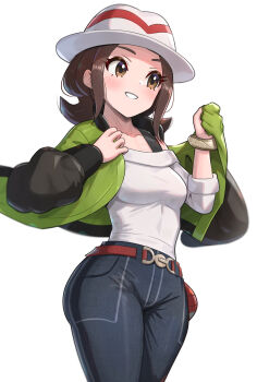 1girl absurdres belt blue_pants blush breasts brown_eyes brown_hair collarbone commentary_request denim gonzarez green_jacket harmony_(pokemon) hat highres jacket long_sleeves medium_breasts mega_ring nintendo open_clothes open_jacket open_mouth pants pokemon pokemon_legends:_z-a red_belt shirt short_hair simple_background smile striped_hat white_background white_hat white_shirt
